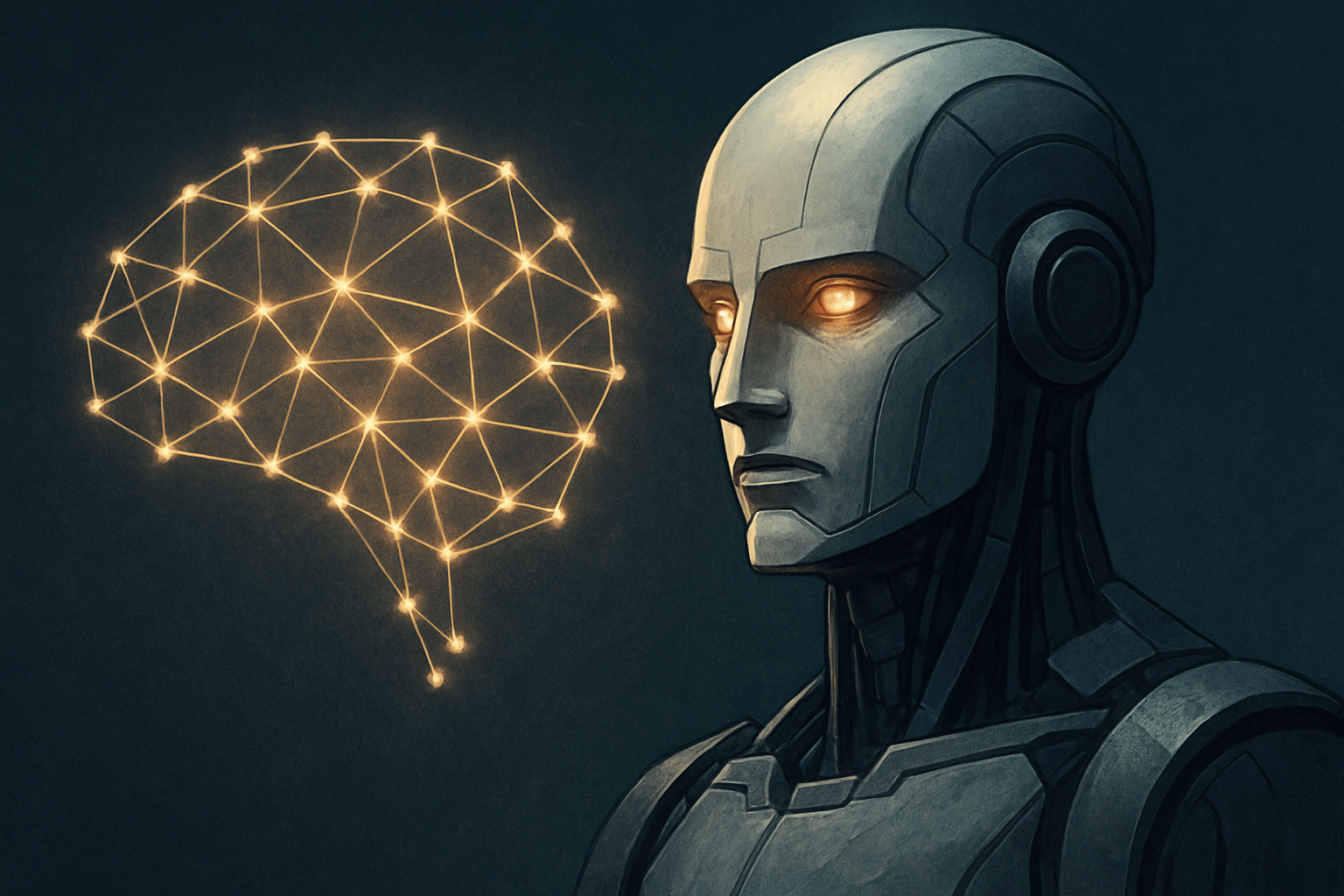 AI robot looking at neural network stylized brain